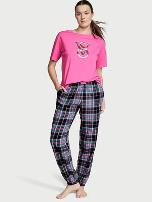 Пижама хлопковая: розовая футболка с принтом и синие брюки в клетку | 6833752