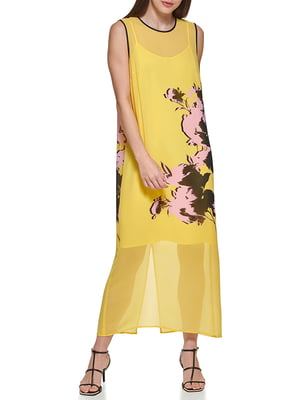 Желтое шифоновое платье А-силуэта с принтом | 6851143
