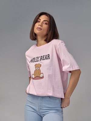 Хлопковая розовая футболка с принтом медвежонка | 6851476