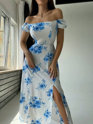 Сукня в синій квітковий принт з розрізом | 6847279