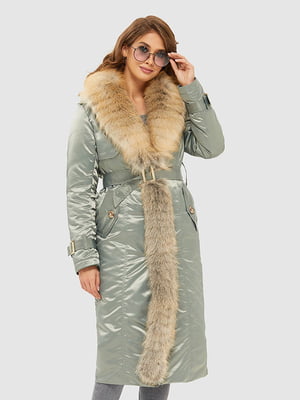 Пальто бірюзового кольору зі знімним шалевим коміром з хутра | 6850766