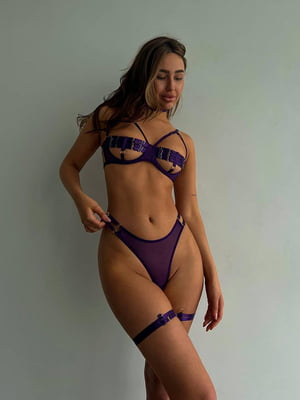 Комплект фіолетової еротичної білизни: бюст, труси, чокер, гартери | 6850601