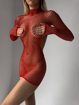 Червона еротична сукня-сітка під горло  | 6851296