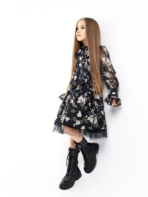 Чорна сукня “Flora” з довгим рукавом і пишнею спідницею | 6852455