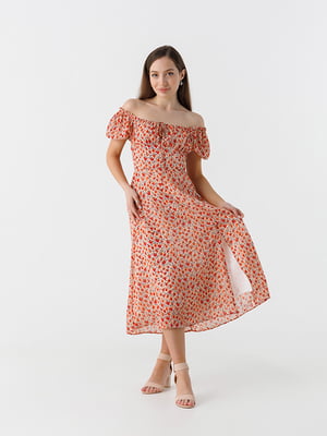Помаранчева сукня в абстрактний принт зі спущеними рукавами | 6854822