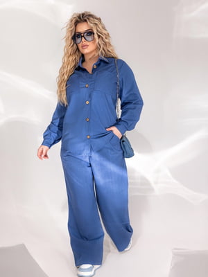 Класичний льняний синій костюм двійка: сорочка та штани | 6857242