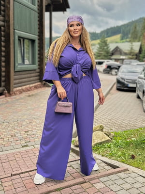 Атласний фіолетовий костюм: сорочка та штани-палаццо | 6857283