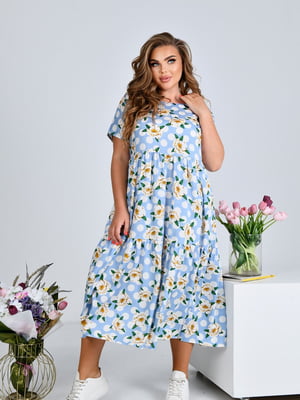 Штапельна блакитна сукня в квітковий принт з воланом | 6857488