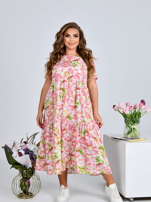 Штапельна рожева сукня в квітковий принт з воланом | 6857490
