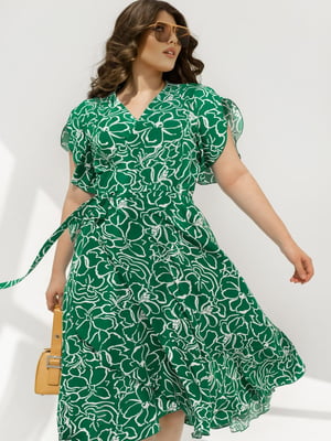 Сукня зелена міді на запах з абстрактним малюнком | 6857587
