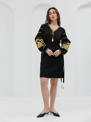 Льняное короткое платье-вышиванка черного цвета | 6852516