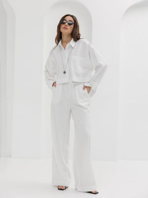 Льняной костюм молочного цвета: укороченная рубашка, широкие брюки | 6852582