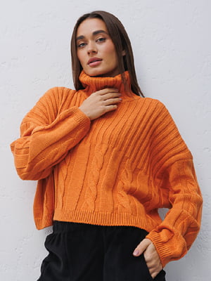 Вязаный оранжевый оверсайз свитер с узором | 6852807