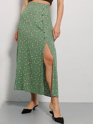 Штапельная зеленая юбка-миди с цветочным принтом | 6852951