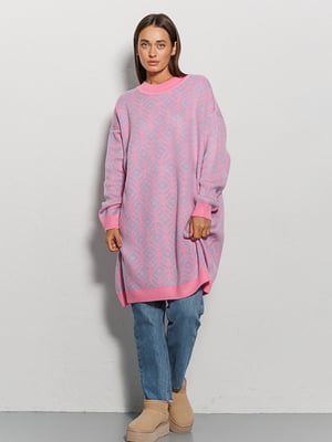 Вязаное розовое oversize платье-туника с ярким узором | 6853057