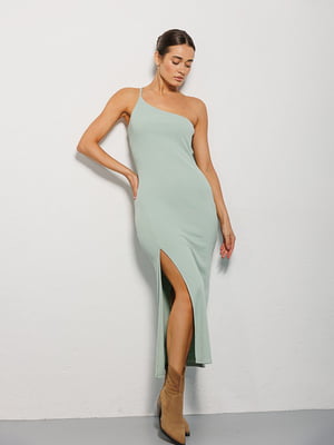 Облегающее платье-миди мятного цвета в рубчик с разрезом | 6853058