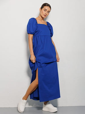 Синее платье-макси с рукавами-фонариками | 6853091