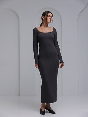 Довга трикотажна сіра сукня в рубчик | 6853099