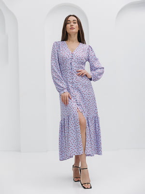 Приталена фіолетова сукня-міді в квітковий принт | 6853120