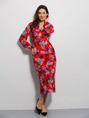 Приталенное красное платье-миди в цветочный принт | 6853123