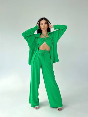 Зелений костюм-трійка із креп-жатки:топ, сорочка, штани | 6858511