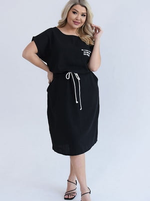 Чорна сукня вільного крою із тканини льон жатка з поясом | 6858557
