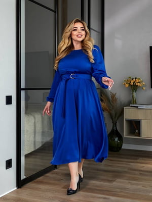 Сукня міді з шовку синього кольору | 6858584