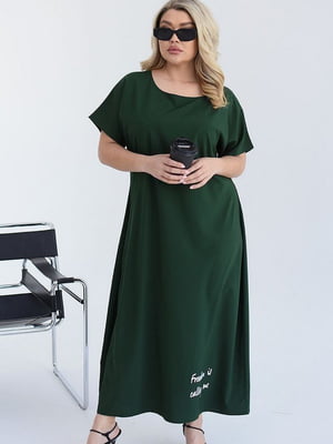 Темно-зелена сукня міді вільного крою з написом внизу | 6858593