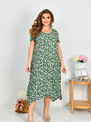 Зелена асиметрична сукня зі штапелю у квітковий принт | 6858615