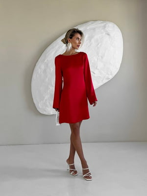 Червона сатинова сукня міні  з відкритою спиною та елегантною зав`язкою | 6858672
