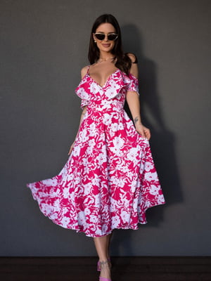 Малинова квіткова сукня-халат з воланами | 6859907