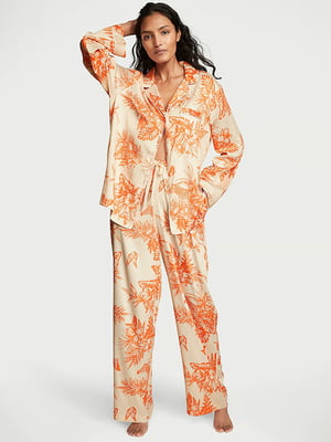 Атласная оранжевая пижама: рубашка и брюки | 6860167