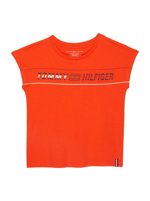 Оранжевая хлопковая футболка с декором | 6860290