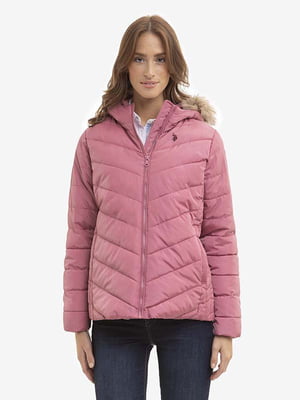 Розовая стеганная куртка с капюшоном на меху | 6860367