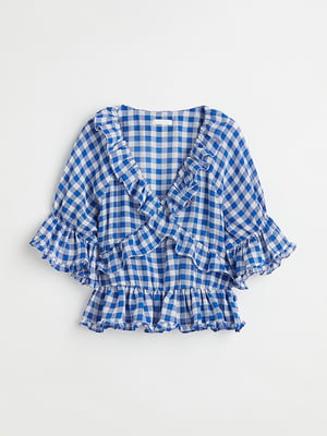 Блуза бело-синяя с короткими рукавами-фонариками | 6860539
