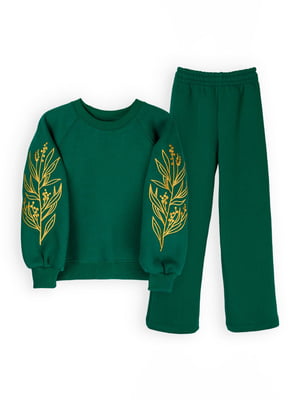 Зеленый костюм: свитшот с вышивкой, кюлоты | 6861135
