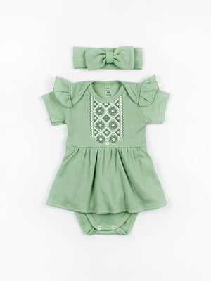 Зелений набір для дівчинки: боді з орнаментом, пов'язка | 6861194