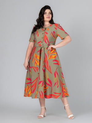 Сукня А-силуету оливкового кольору з принтом та поясом | 6861799