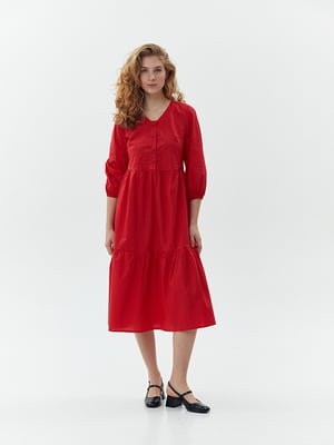 Сукня довжини міді з об'ємними рукавами червона | 6862830