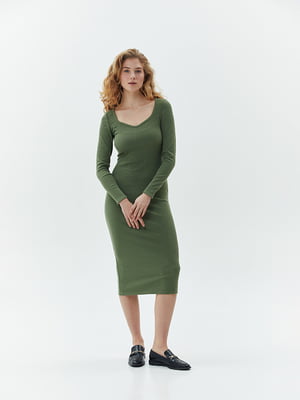 Приталенное платье с длинным рукавом оливковое | 6862834