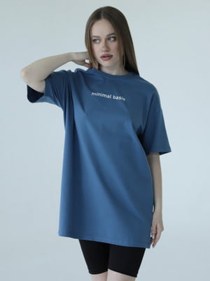 Синя оверсайз футболка з принтом | 6864423