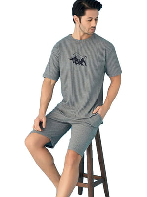 Піжама сіра з принтом: шорти та футболка | 6864444