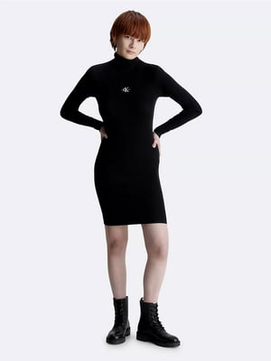 Черное платье-свитер в рубчик с высоким воротником | 6864867