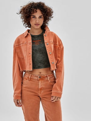 Укорочена джинсова куртка оранжевого кольору | 6864978
