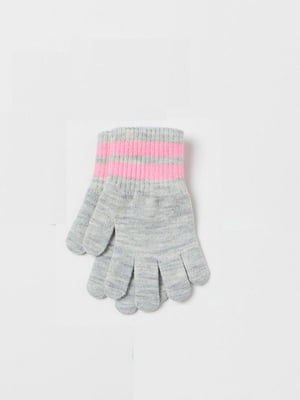 Сірі рукавички з м'якої тонкої в'язки з рожевими смужками на ребристих манжетах | 6735535