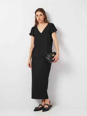 Черная блуза с V-образным вырезом и свободными короткими рукавами | 6865301