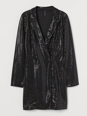 Коротка приталена сукня з чорного трикотажу, розшитого паєтками, з V-подібним вирізом "на запах" | 6865351