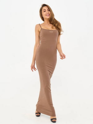 Бавовняна сукня-максі шоколадного кольору з фірмовою вишивкою | 6865477
