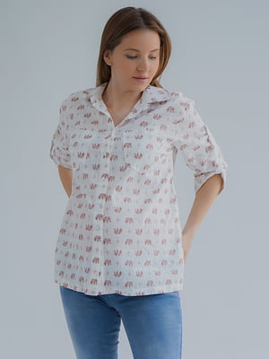 Принтована сорочка молочного кольору з розрізами по боках для вагітних та годуючих мам | 6865628