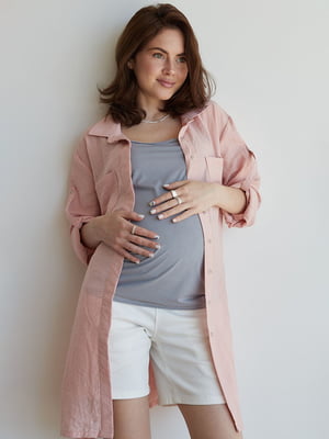 Льняна сорочка вільного крою пудрового кольору для вагітних і годуючих мам | 6865631